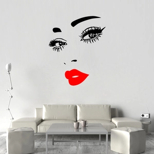 Modern wall sticker featuring elegant eyelashes and red lips for minimalist living room decor