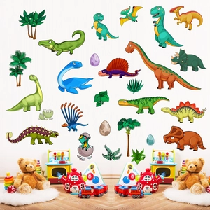 Cartoon dinosaur wall stickers set with palm trees for kids bedroom or nursery decor