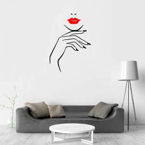 Minimalist wall decal featuring black line art of woman's face with red lips for decor