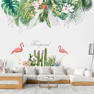 Tropical Flamingo Cactus Green Leaves Wall Stickers Waterproof PVC Mural For Living Room Bedroom Hallway Home Decor