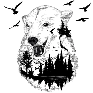 Artistic polar bear wall decal featuring double exposure forest and snowy mountain landscape
