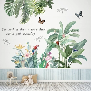 Nordic tropical green leaf wall stickers with parrot and butterfly for home decor