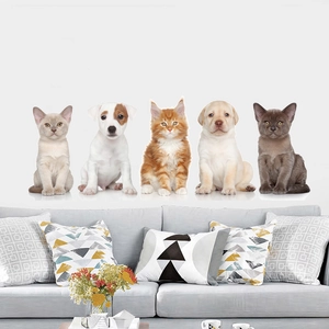 Self-adhesive wall stickers with five cute cats and dogs in a modern living room