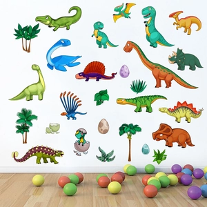 Cartoon dinosaur wall stickers with tropical plants for kids bedroom and playroom decor