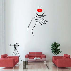 Minimalist vinyl wall sticker with red lips and face silhouette for modern living room decor