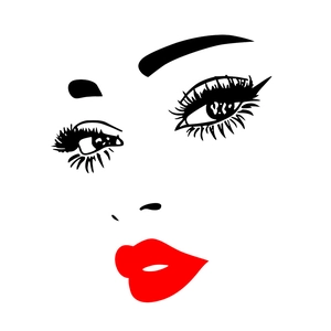 Minimalist wall sticker featuring female eyelashes, eyebrows and vibrant red lips on white