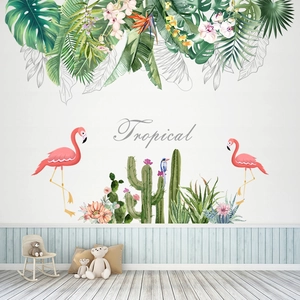Tropical wall stickers featuring pink flamingos, cacti and green plants for home decor