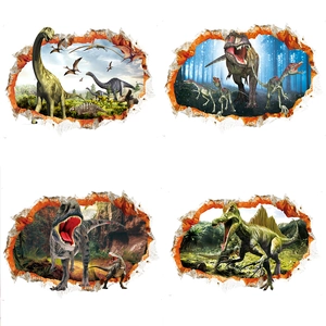 Stickers muraux 3D dinosaures effet mur brisé pour déco chambre d'enfant, lot de 4