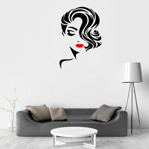 Creative wall sticker featuring a minimalist female silhouette with red lips for salons