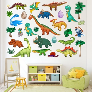 Colorful cartoon dinosaur wall stickers for kids bedroom featuring T-Rex and trees