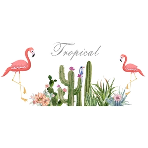 Stickers muraux tropicaux aquarelle avec flamants roses, cactus et fleurs d'été