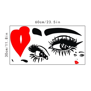 Detail of red lips wall sticker with eyelashes and eyebrows including size measurements