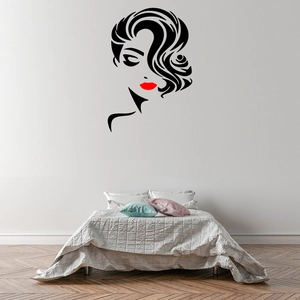 Minimalist vinyl wall sticker featuring black female face silhouette and red lips for decor