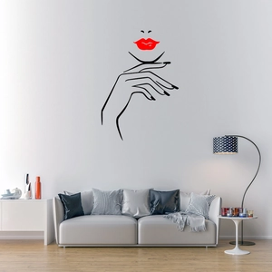 Minimalist vinyl wall sticker featuring red lips and female profile for living room decor