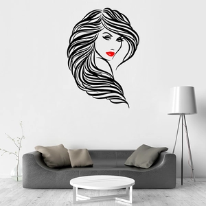 Modern beauty salon wall decal featuring minimalist female face with bold red lips