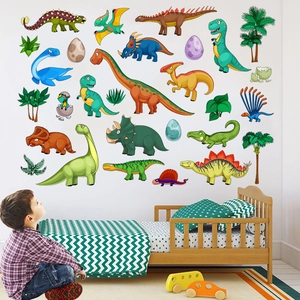 Detailed view of colorful cartoon dinosaur wall stickers set in a bright kids bedroom setup