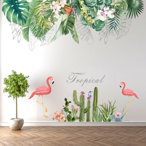 Tropical wall stickers with flamingo and green plants for living room wall decoration