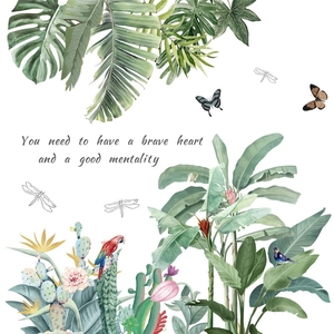 Nordic tropical leaf wall decals with parrots and watercolor palm leaves on white background