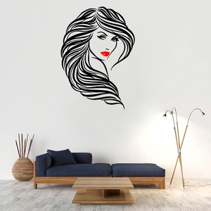Minimalist wall decal of female face with red lips for modern living room decoration