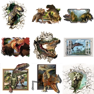 Set mit 9 3D-Dinosaurier-Wandstickern mit T-Rex und Triceratops im Wanddurchbruch-Stil
