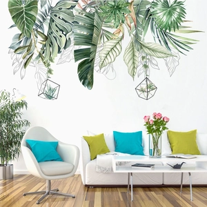 Nordic style tropical green leaf wall stickers with monstera and geometric hanging pots