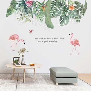 Nordic Tropical Flamingo Green Leaf Wall Sticker PVC Decal With Brave Heart Quote For Living Room Home Decoration
