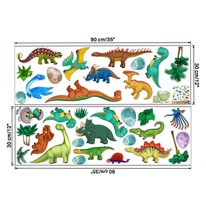 Detailed sheet of colorful cartoon dinosaur wall decals featuring T-Rex and Triceratops