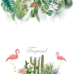 Tropical wall decals with green palm leaves, cacti and pink flamingos for home decoration