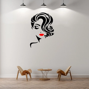 Close-up of modern vinyl wall sticker featuring minimalist female face silhouette on wall