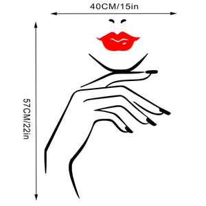 Detailed size view of vinyl wall sticker featuring minimalist female face and red lips art