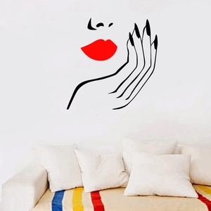 Modern beauty salon wall decal featuring sexy red lips and fingernails line art