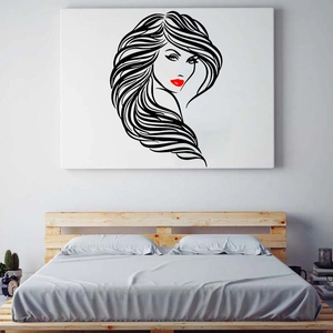 Detail view of modern minimalist wall sticker featuring a woman profile with red lips for decor