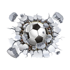 3D wall sticker featuring a soccer ball breaking through a stone wall for room decor