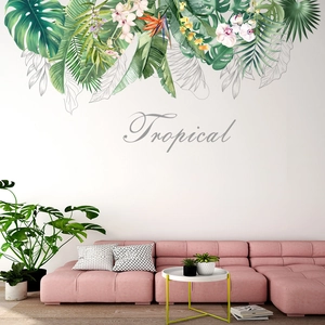 Tropische Wandaufkleber mit grünen Blättern und Blumen für eine moderne Innendekoration