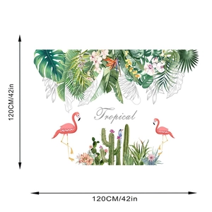 Detail view of tropical flamingo wall sticker with monstera leaves and dimensions 120x120cm