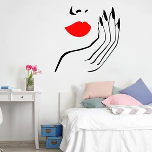 Minimalist female face wall decal with red lips for modern bedroom decor sticker