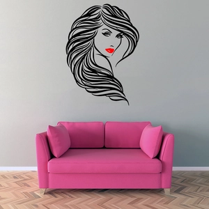 Modern wall sticker featuring minimalist female silhouette with red lips in chic living room