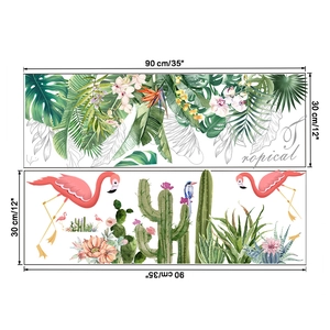Detail view of tropical watercolor wall stickers featuring flamingos and green plants