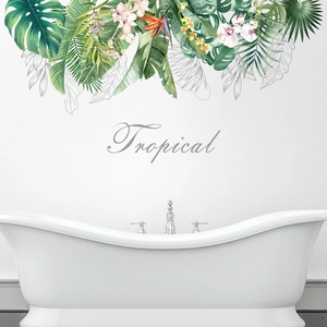 Detail von Tropischen Monstera-Blättern und Orchideen Wandtattoo im Badezimmer-Design