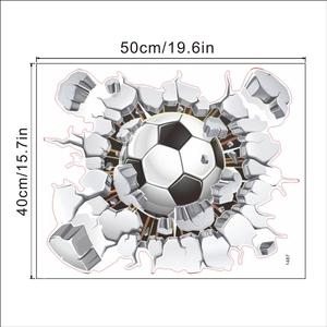 3D football wall decal showing 50x40cm dimensions with realistic broken wall effect