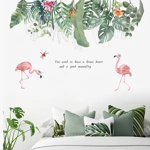 Tropical flamingo wall sticker with green monstera leaves and watercolor floral design