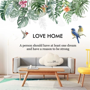 Nordic tropical leaves and birds wall sticker with Love Home quote for living room decor