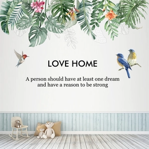 Nordic wall sticker with tropical leaves flowers birds and HOME inspirational text