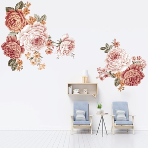 Pegatinas de pared con peonías vintage en rosa empolvado y naranja para decoración