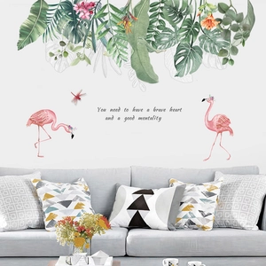 Nordic wall stickers with tropical green leaves, pink flamingos and inspirational quote