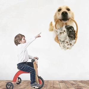 Sticker mural 3D réaliste de Golden Retriever et chatons pour chambre d'enfant