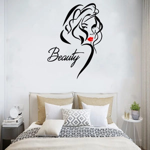 Modern vinyl wall decal featuring female portrait and red lips for bedroom decor