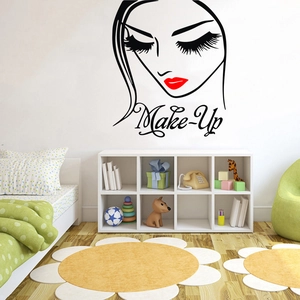 Minimalist female face vinyl wall decal with red lips and Make-Up art for salon decor