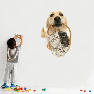 Sticker mural 3D chat et chien auto-adhésif pour décoration chambre d'enfant