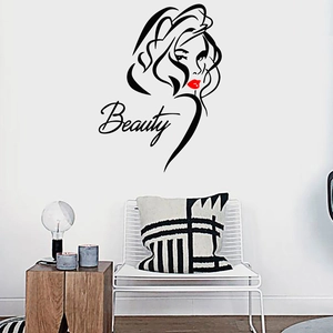 Beauty wall sticker with red lips and female profile for salon and home decor